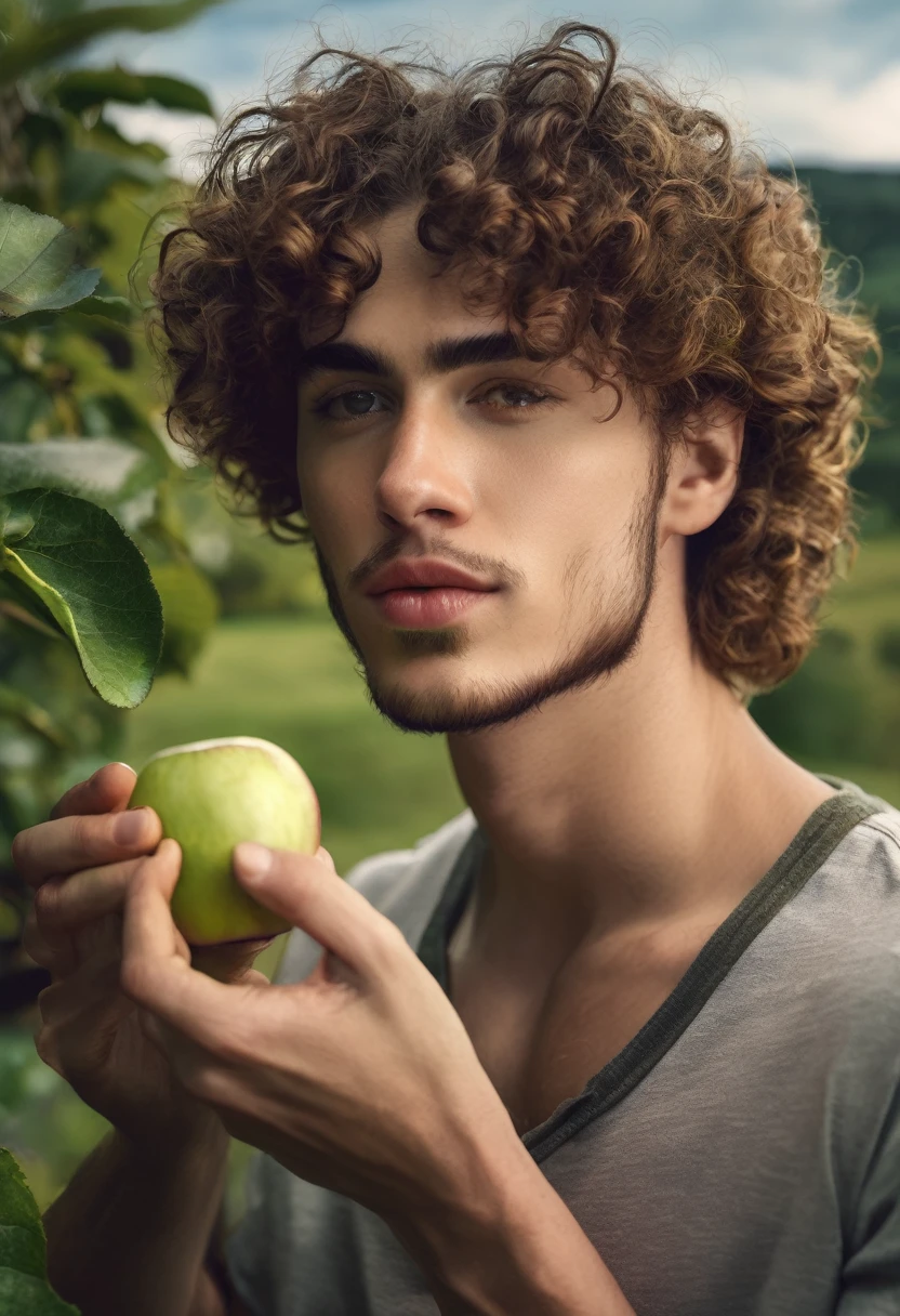Peaceful portrait of a young man eating an apple, curly hair. Beautiful scenery, great details, 8k