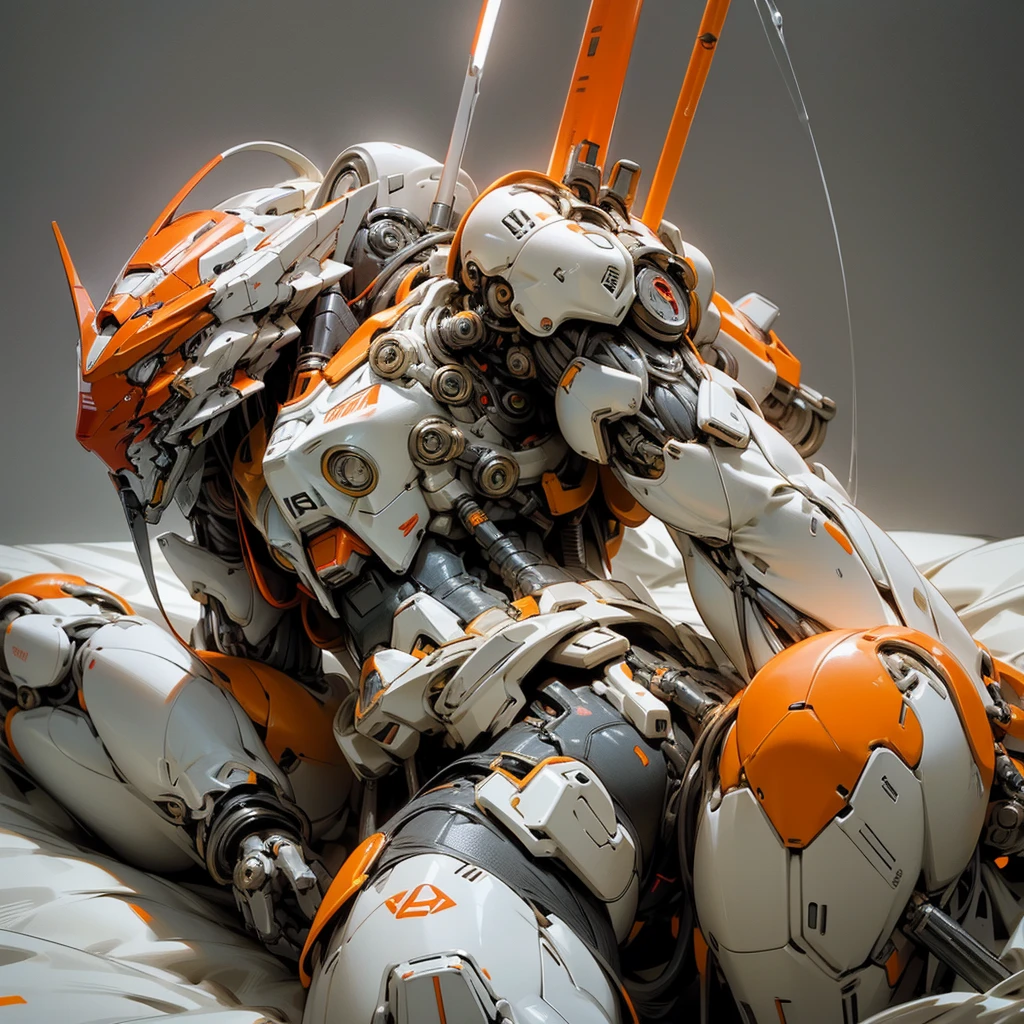 Gundam. Mecha. Mechanical face. Robot. Sexy pose on the bed. Male. red main color. white yellow orange green secondary color. 3D, photorealistic. margins. Bright light, shape focus. A mechanical red penis growing out of his crotch. White fluid coming out of penis. Body covered in white slime.
