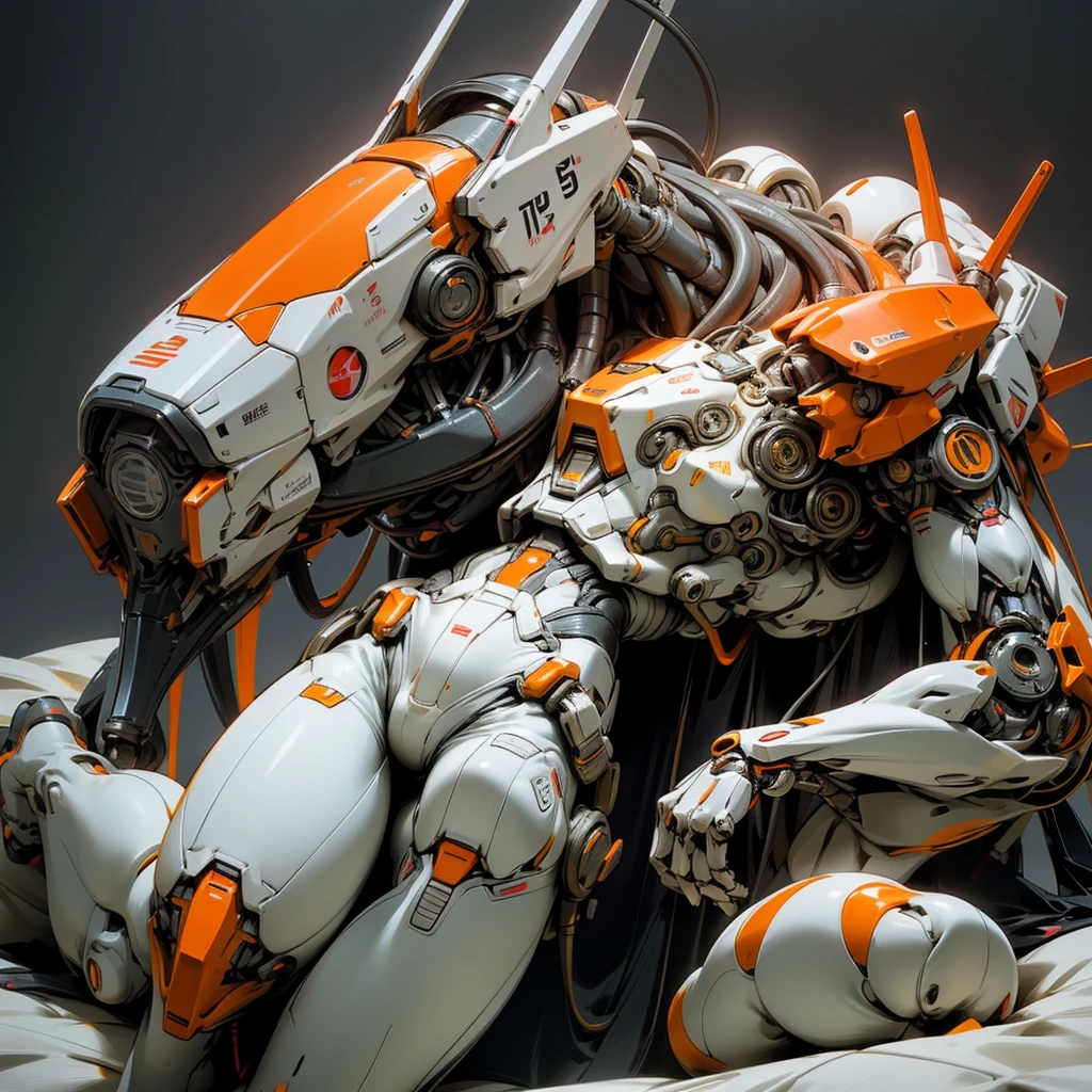Gundam. Mecha. Mechanical face. Robot. Sexy pose on the bed. Male. red main color. white yellow orange green secondary color. 3D, photorealistic. margins. Bright light, shape focus. A mechanical red penis growing out of his crotch. White fluid coming out of penis. Body covered in white slime.