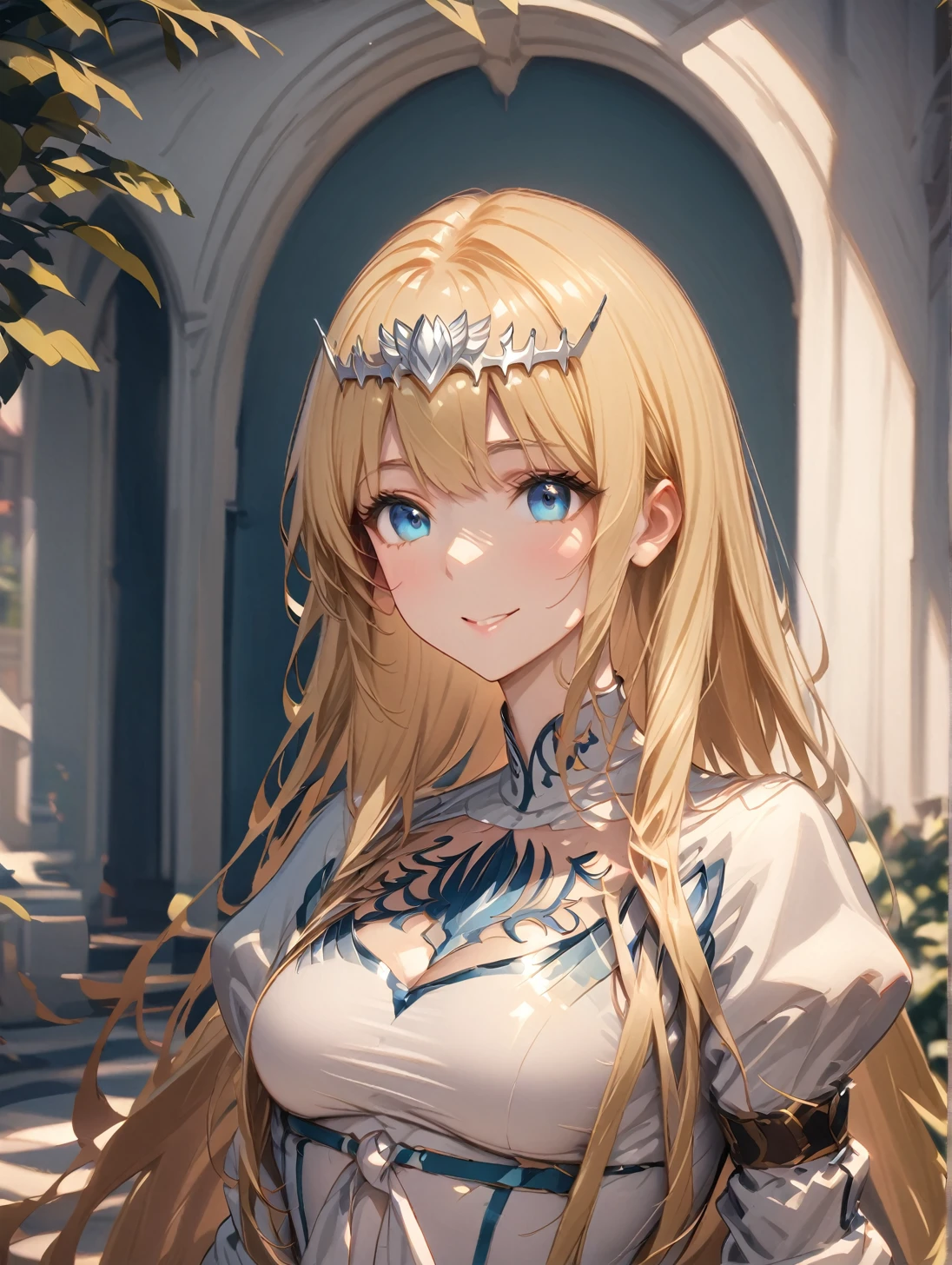 8K resolution, ((highest quality)), ((masterpiece)), ((Super detailed)), (And yet delicate and beautiful), gentle expression, She and(relax)and(calm)outer, written boundary depth, bright smile,beautiful background,- Linear Ar Eyes that shine like amber, upper grade, wonderful eyes, Upper body, 1girl,独奏, Calcutta, blonde hair, ,( extremely long hair:1.3), very long hair, extra long hair, white tiara, white dress, blue eyes,Calcutta Bessarez, medium breast,Calcutta