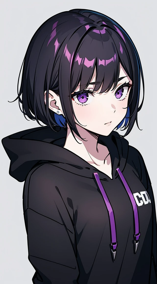 girl,portrait, black and violet, dirty short hair, original accessories,Sport style, hoodie, confident look, Monochrome color scheme, Looking away, Chic street fashion, shy pose,Head,((persona)),hairpin
