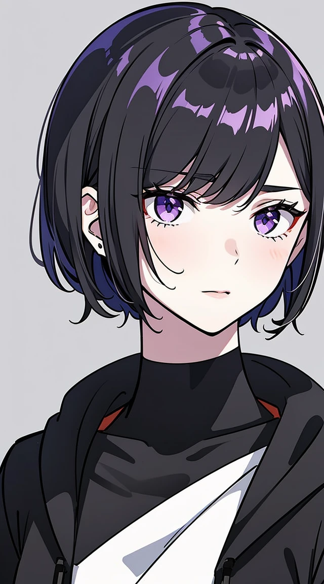 girl,portrait, black and violet, dirty short hair, original accessories,Sport style, hoodie, confident look, Monochrome color scheme, Looking away, Chic street fashion, shy pose,Head,((persona)),hairpin