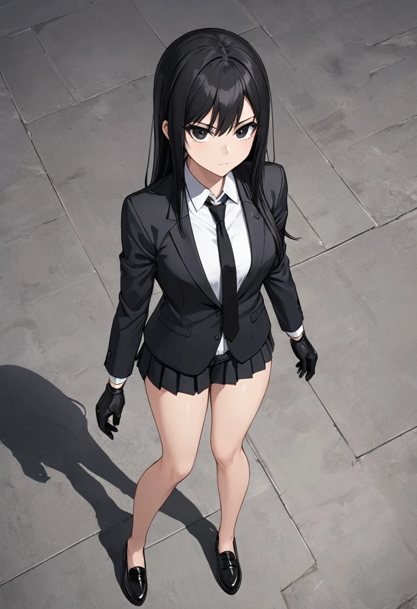 Black miniskirt ,shoes, dress shirt , View from above , pleated skirt , black long tie , assassin , whole body ,business attire , Black gloves , shorts blazer , bare legs , black hair , black eyes , straight hair , thighs , whole body , standing posture , face