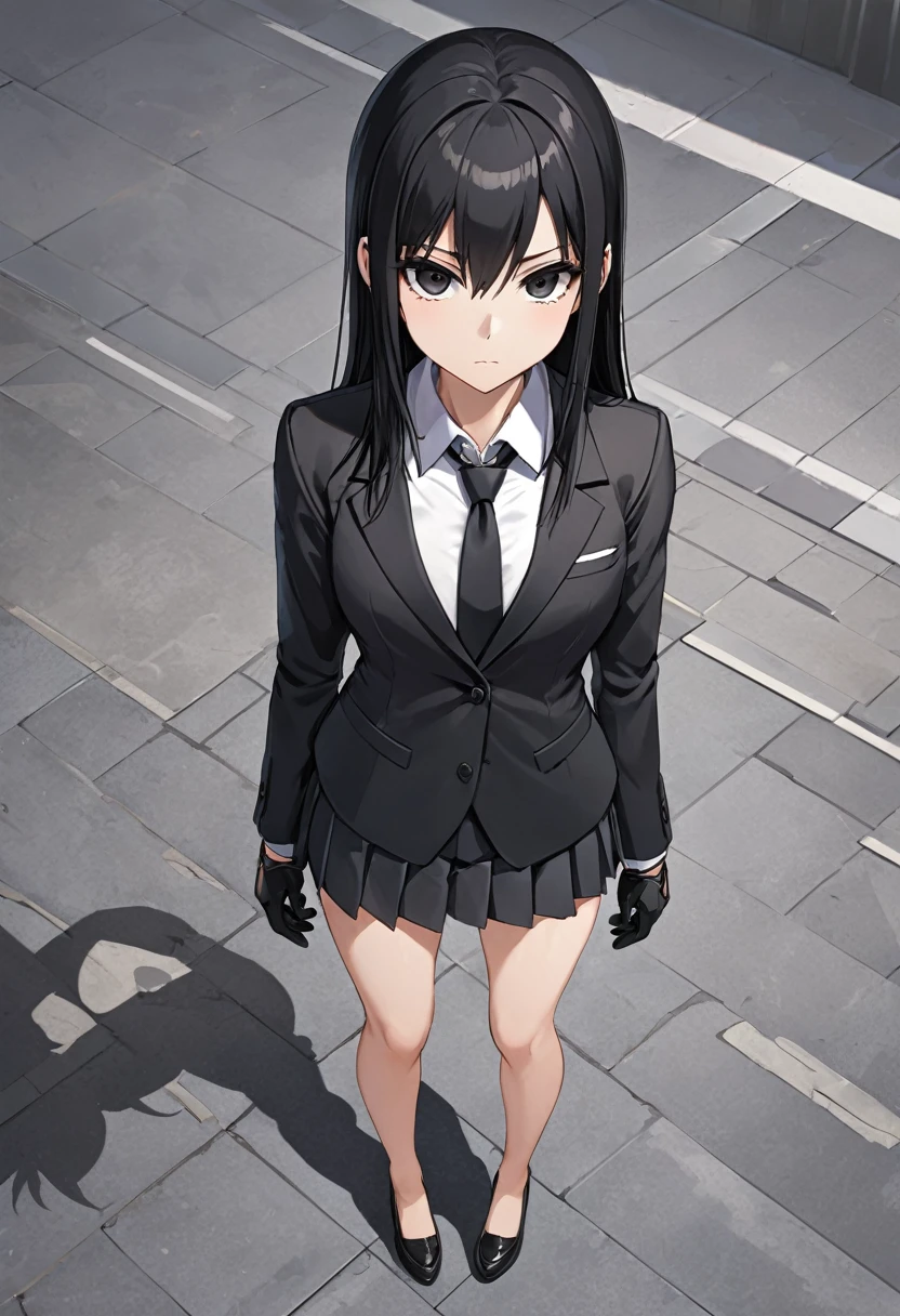 Black miniskirt ,shoes, dress shirt , View from above , pleated skirt , black long tie , assassin , whole body ,business attire , Black gloves , shorts blazer , bare legs , black hair , black eyes , straight hair , thighs , whole body , standing posture , face