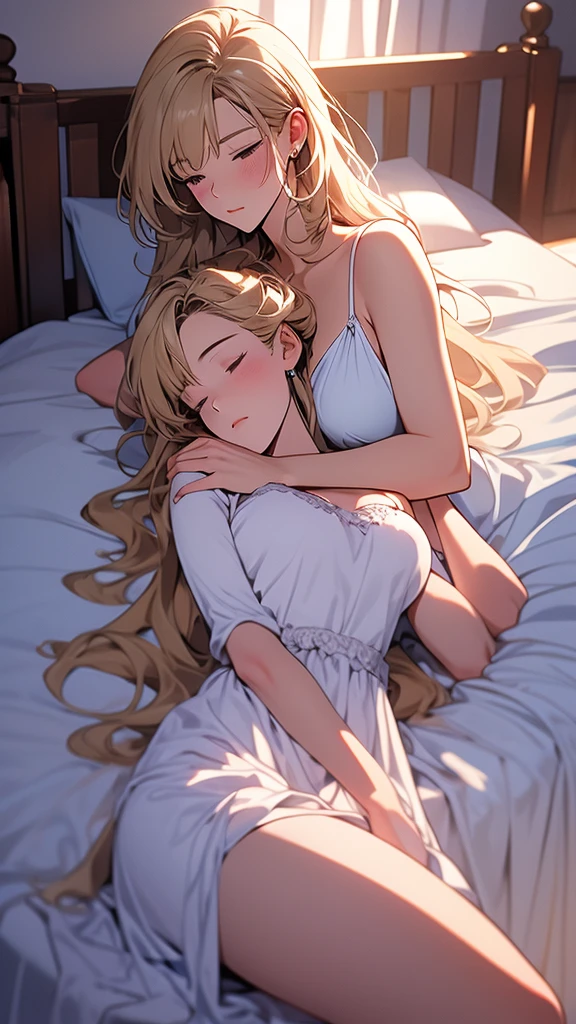 1 girl, kei Karuizawa, blonde, long ponyt,,ail, violet eyes, bangs, white transparant nightgown, sleeping, sleeping in bed, breast, pans, white panty, transparant dress, nightgown, bra, medium breast, pink nude