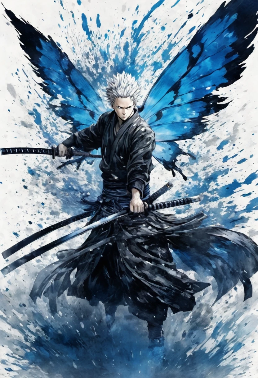 Ink and ink painting,Black and white painting,splash,Beautiful detailed glass hair,Jujutsu Kaisen,Itadori Yuuji,samurai armor,outstretched arms,(Blue Butterfly々,Feather powder),