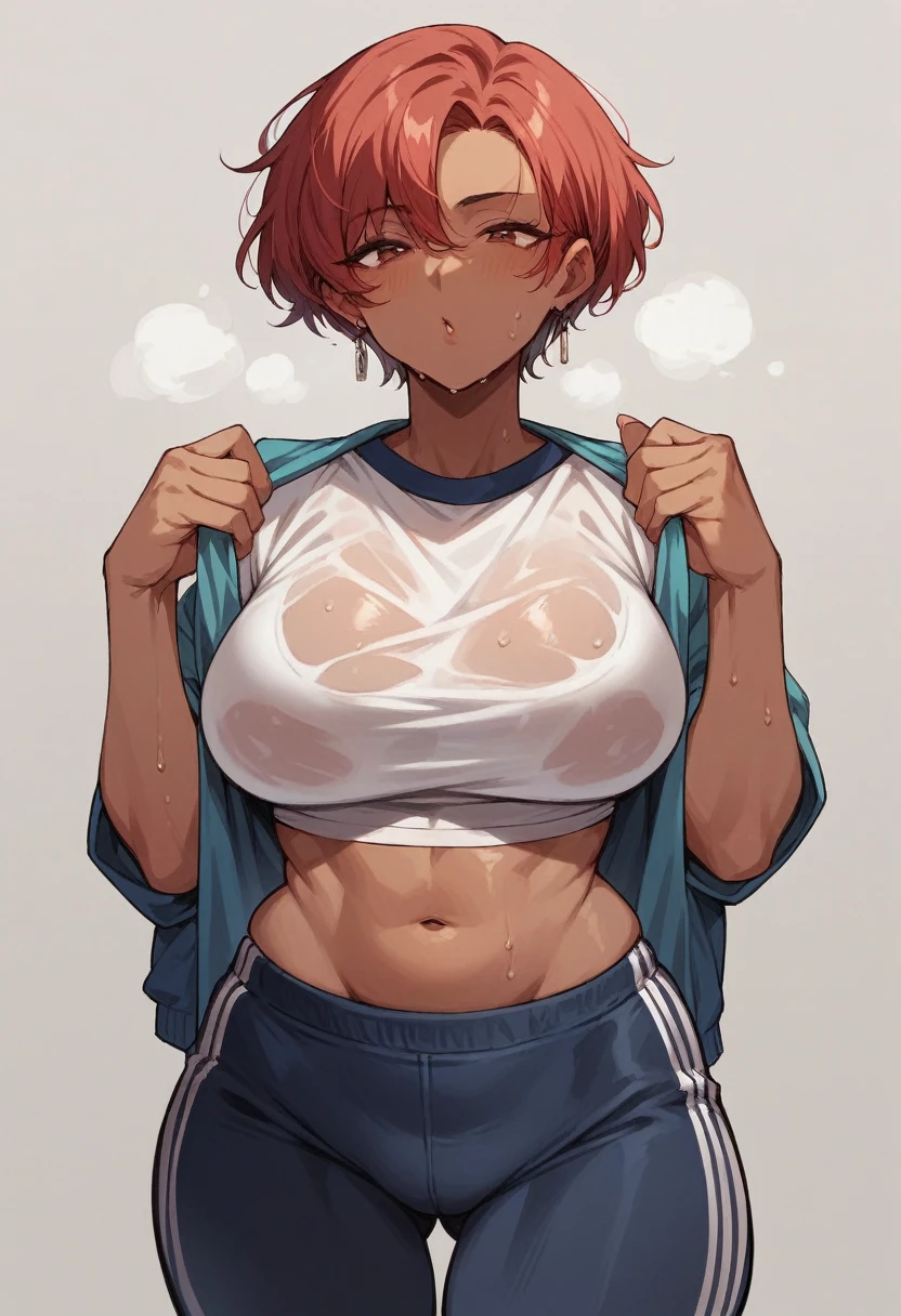 Dark skin milf with short red hair wearing sweaty gym outfit with big