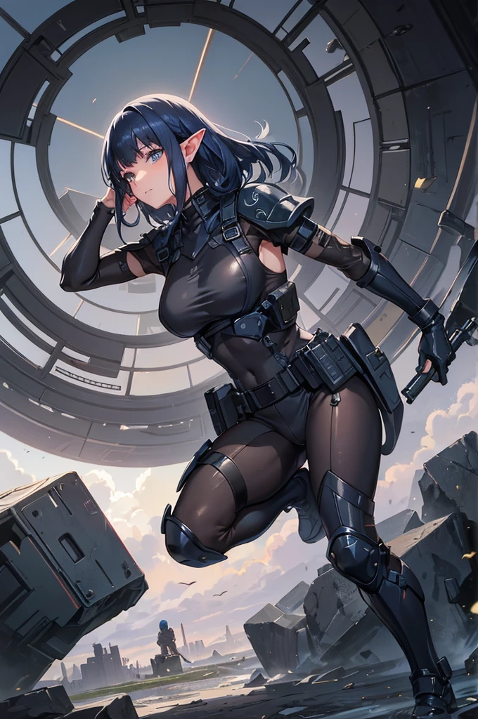 Create a high-quality image featuring an elf girl with dark navy blue hair and straight-cut bangs. She is a member of a special forces police unit, holding an assault rifle. The background should feature a city inside a dome, with a black armored vehicle beside her. The image should be in a vertical aspect ratio.