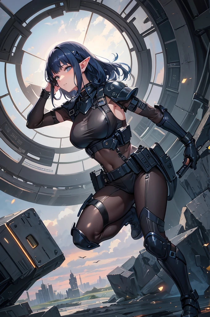 Create a high-quality image featuring an elf girl with dark navy blue hair and straight-cut bangs. She is a member of a special forces police unit, holding an assault rifle. The background should feature a city inside a dome, with a black armored vehicle beside her. The image should be in a vertical aspect ratio.