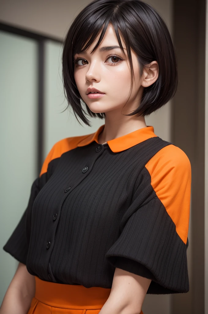 1 girl with short black hair with orange tips,brunette and short