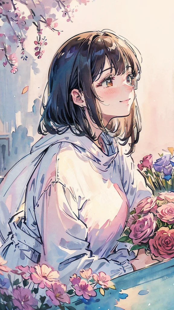 A shy smiling woman buries her face in a large bouquet of flowers. Watercolor painting. Woman is in profile. Space included.