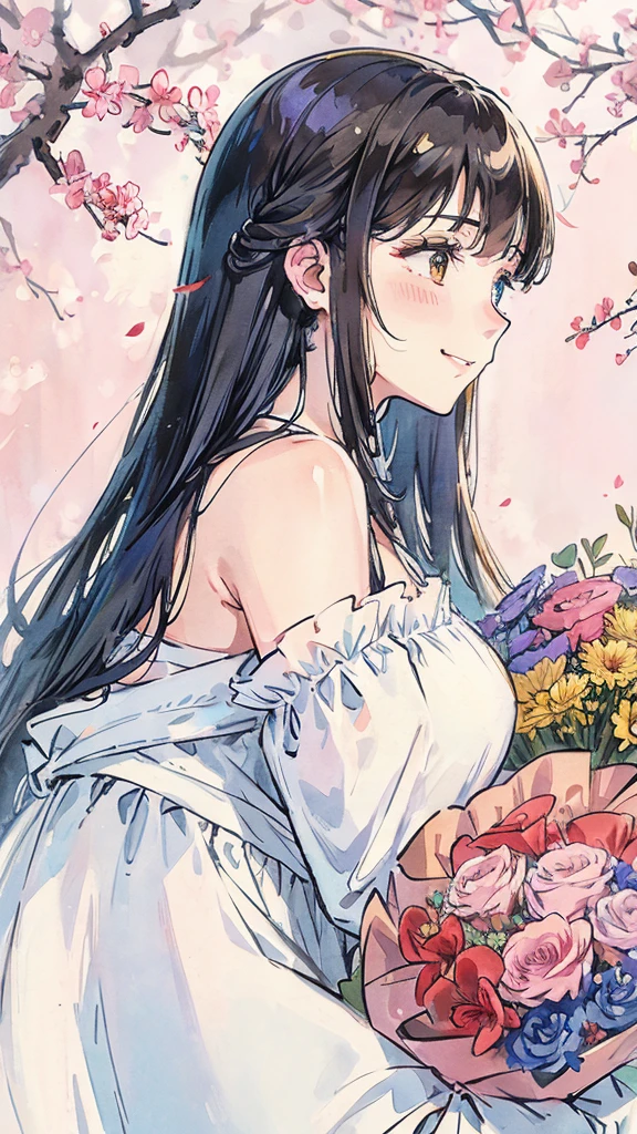 A shy smiling woman buries her face in a large bouquet of flowers. Watercolor painting. Woman is in profile. Space included.