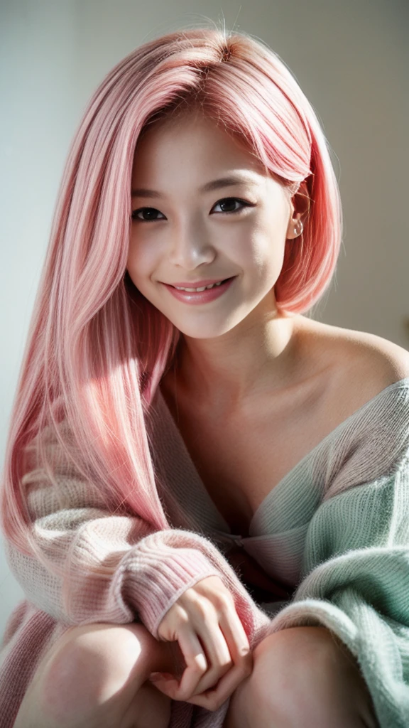 pose erotica. 1 girl, gradient, degraded clothing, SMILE, session, inside, eye contact, pink hair. pose erotica