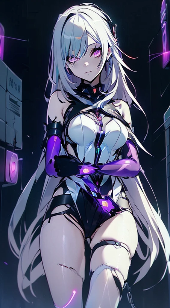 top-quality、Top image quality、masterpiece、Android Girl((sixteen years old 、Broken, skinny , cybersuit glowing black, red and white、neon energy source for the chest 、Light blue shiny hair、Long hair , spiky hair, messy hair, long fringe on hair, holding a chain whip, chains around her body, giant chains, Cyber Skirt、purple neon eyes 、Valley、Happiness、A slender))hiquality、Beautiful Art、Background streets (cyberpunk city、masutepiece、Elaborate design、visualart、Theatrical films, glowing neon eyes, cyberpunk, futuristic, white silver hair, no pupils on eyes
