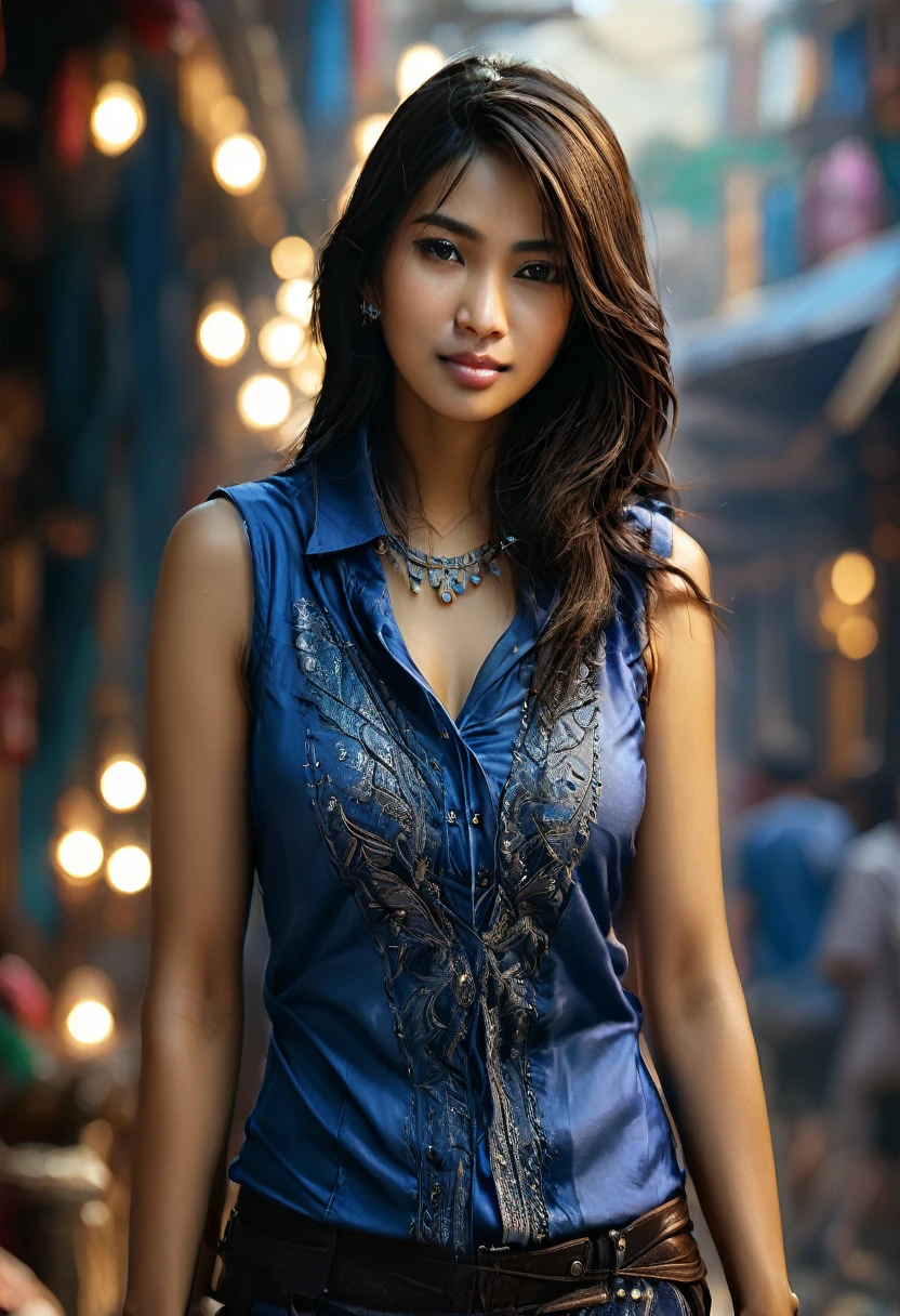 woman,sundanese,blue shirt,sleeveless,realistic details, high resolution,bokeh,outstanding details