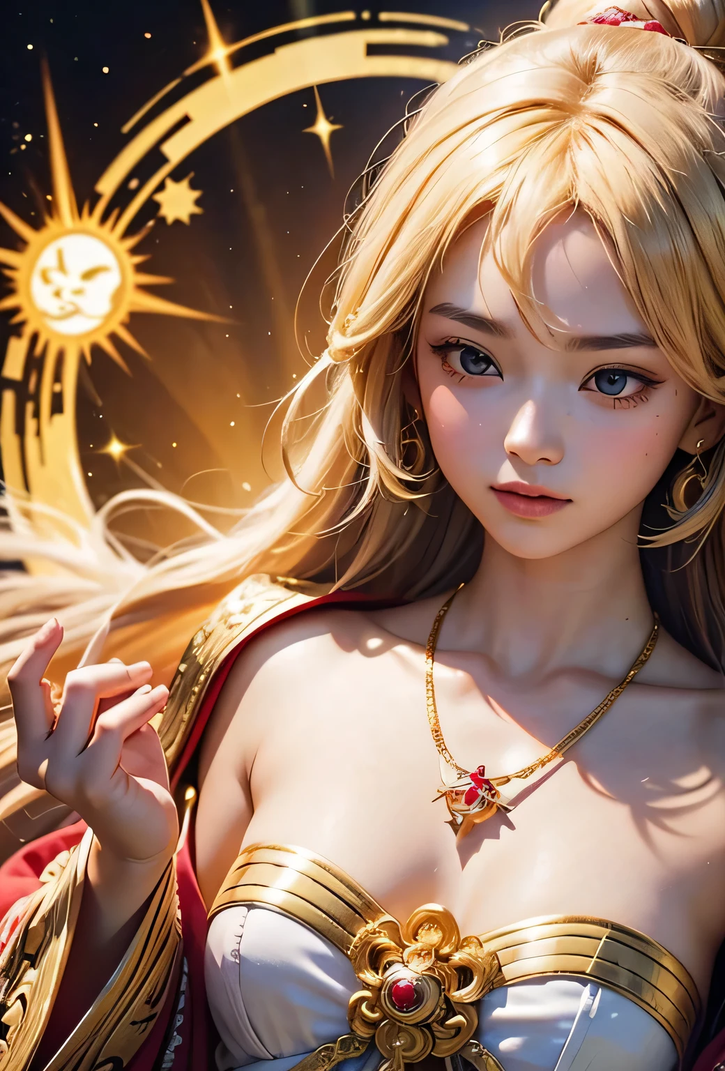 "Child of the Sun, Goddess of Love": Within a sacred sanctuary bathed in sunlight, depict the figure of a sun goddess who governs love, facing forward and emanating divine radiance. She is a , around . Zoom in to focus on her face, with a gleaming orb of light in her hands, representing the life-giving power of the sun. Her hair is shimmering gold, and she is wearing a traditional miko outfit as seen in Japanese shrines. The background should be predominantly gold, evoking a sense of divine splendor, with numerous heart-themed objects expressing the beauty of love. The setting is in heaven, enveloped in soft, bright light, where one can find tranquility and peace of mind, free from any trace of anxiety.Straight-on.