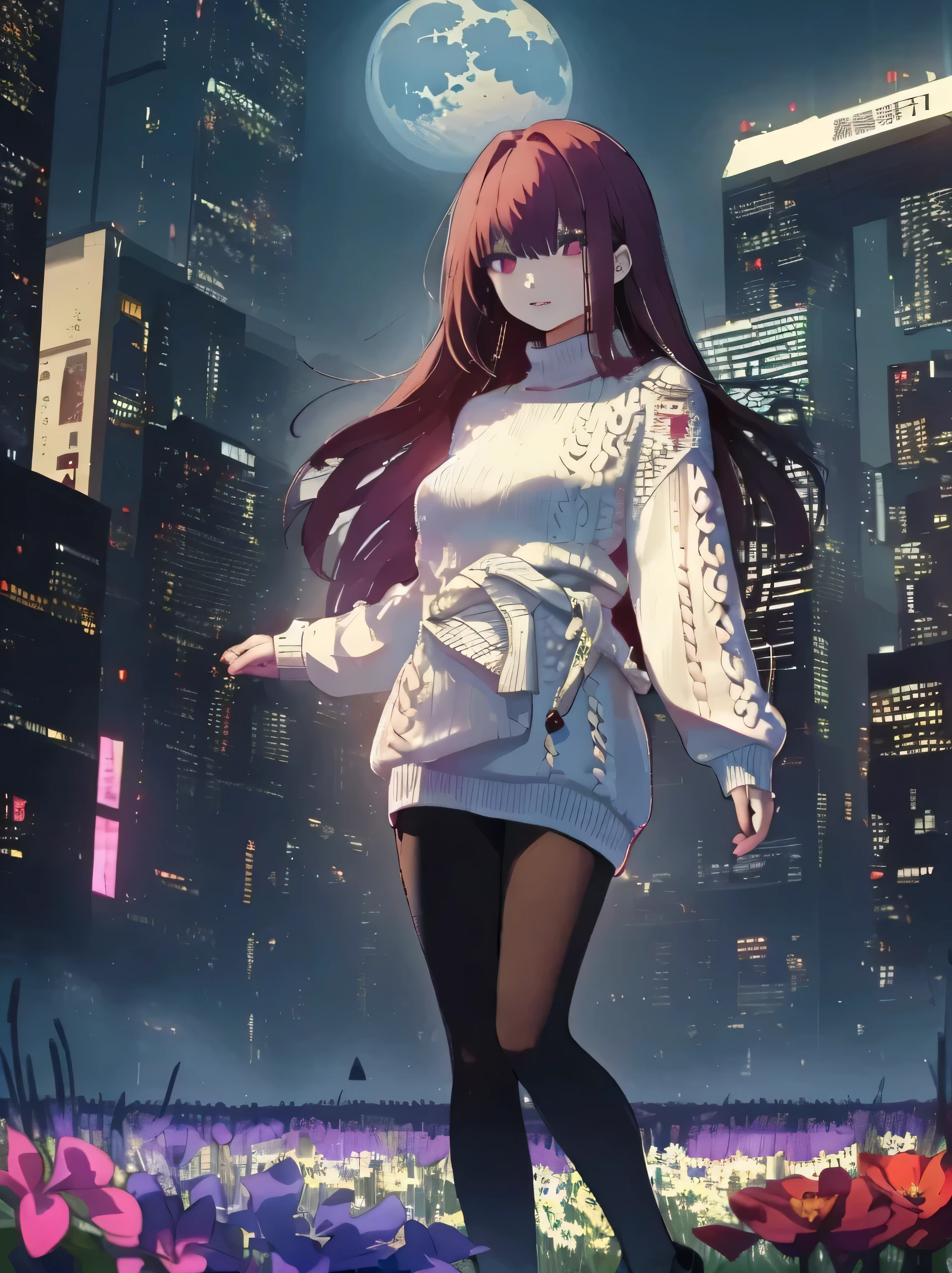 ((absurdres)), hd, uhd, (((HDR))), ((best quality)), (ultra high quality), (hi-res), portrait, ((1girl)), solo, alone, ((adult, woman)), scathach, waist length hair, hair at waist, ((maroon hair)), ((violet colored inner hair)), (red eyes:1.5), ((large breasts)), long sleeves, ribbed sweater, turtleneck sweater dress, (white sweater mini dress:1.5), ((black leggings)), black boots, lips slightly parted, slight smile, stern expression, ((looking down at viewer)), chin up, ((dynamic)), confident, one leg behind, japan, outside, buildings, standing in a city street, tsubaki flowers, night time, additional lighting, moon, city scenery, flower garden, from below