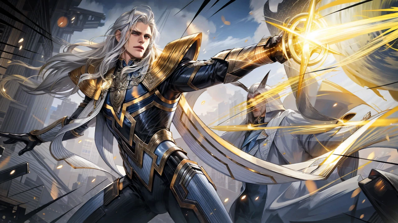 Fat, silver hair, blue eyes, serious sharp features, white skin, handsome, shirt, formal jacket