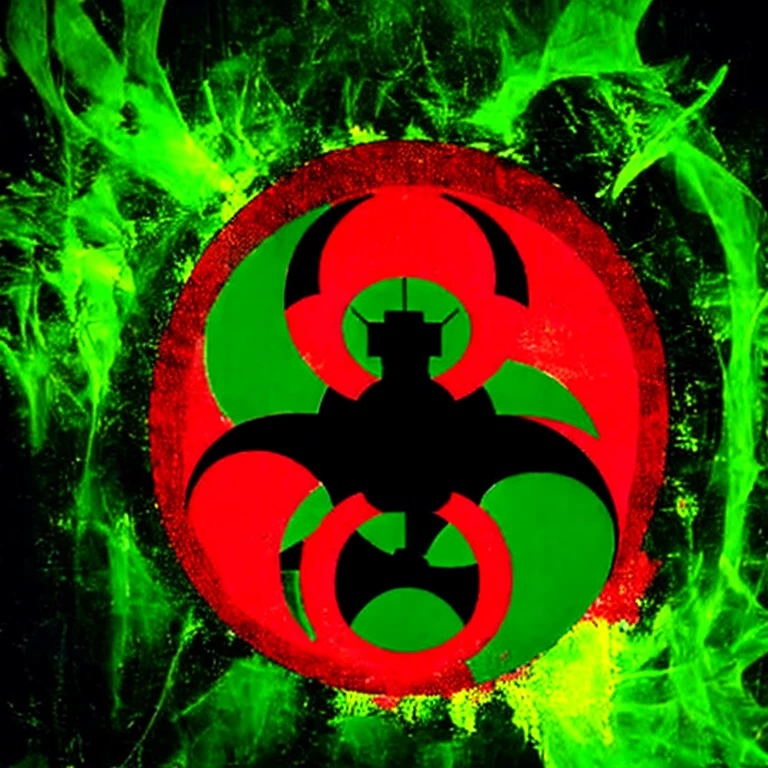 a green biohazard symbol, a single biological hazard, 2012, unreal, aeroflat, (best quality:1.2), masterpiece, flat red skeleton eye in background with the bat