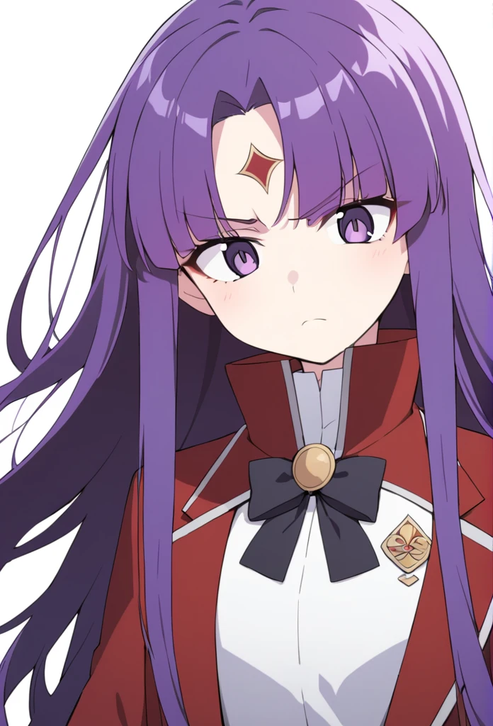 shorth hair, wavy and red, big purple eyes, and a serious expression. She wears a white shirt with a high collar, a black bow and a red coat. There is a small ornament on the forehead