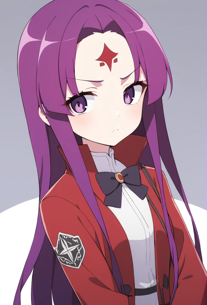 shorth hair, wavy and red, big purple eyes, and a serious expression. She wears a white shirt with a high collar, a black bow and a red coat. There is a small ornament on the forehead