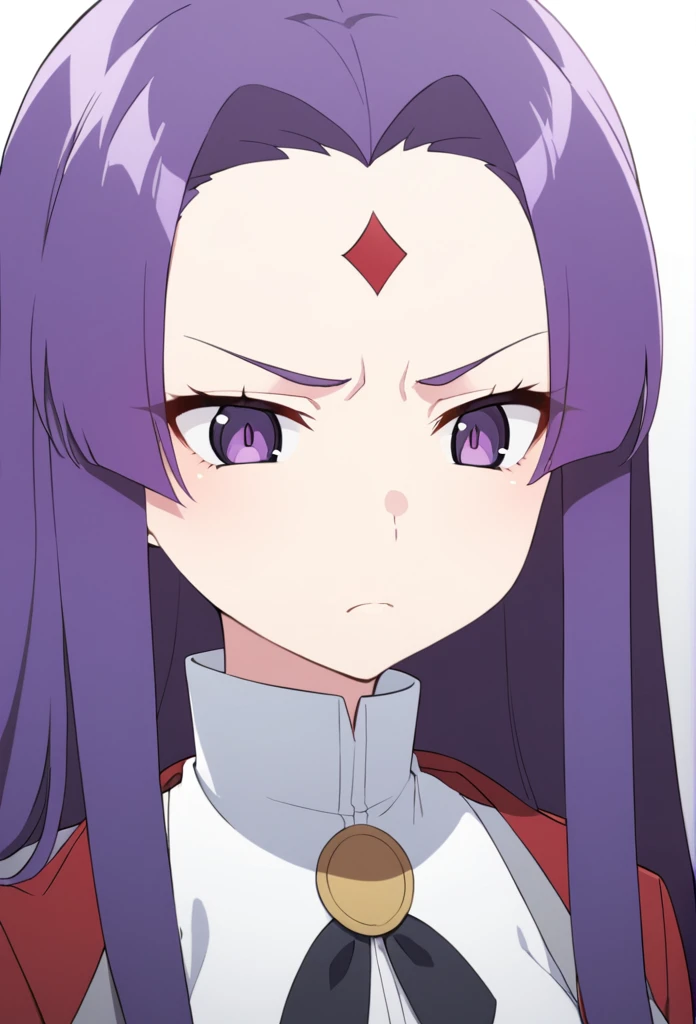 shorth hair, wavy and red, big purple eyes, and a serious expression. She wears a white shirt with a high collar, a black bow and a red coat. There is a small ornament on the forehead