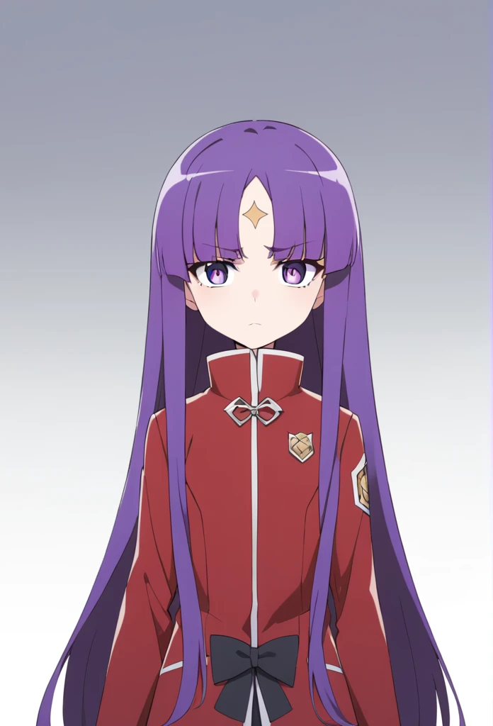 shorth hair, wavy and red, big purple eyes, and a serious expression. She wears a white shirt with a high collar, a black bow and a red coat. There is a small ornament on the forehead