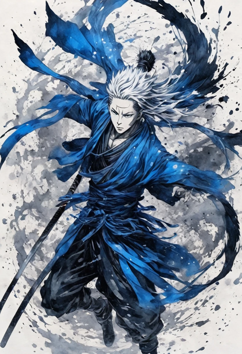 Ink and ink painting,Black and white painting,splash,Beautiful detailed glass hair,Jujutsu Kaisen,Itadori Yuuji,samurai armor,outstretched arms,(Blue Butterfly々,Feather powder),