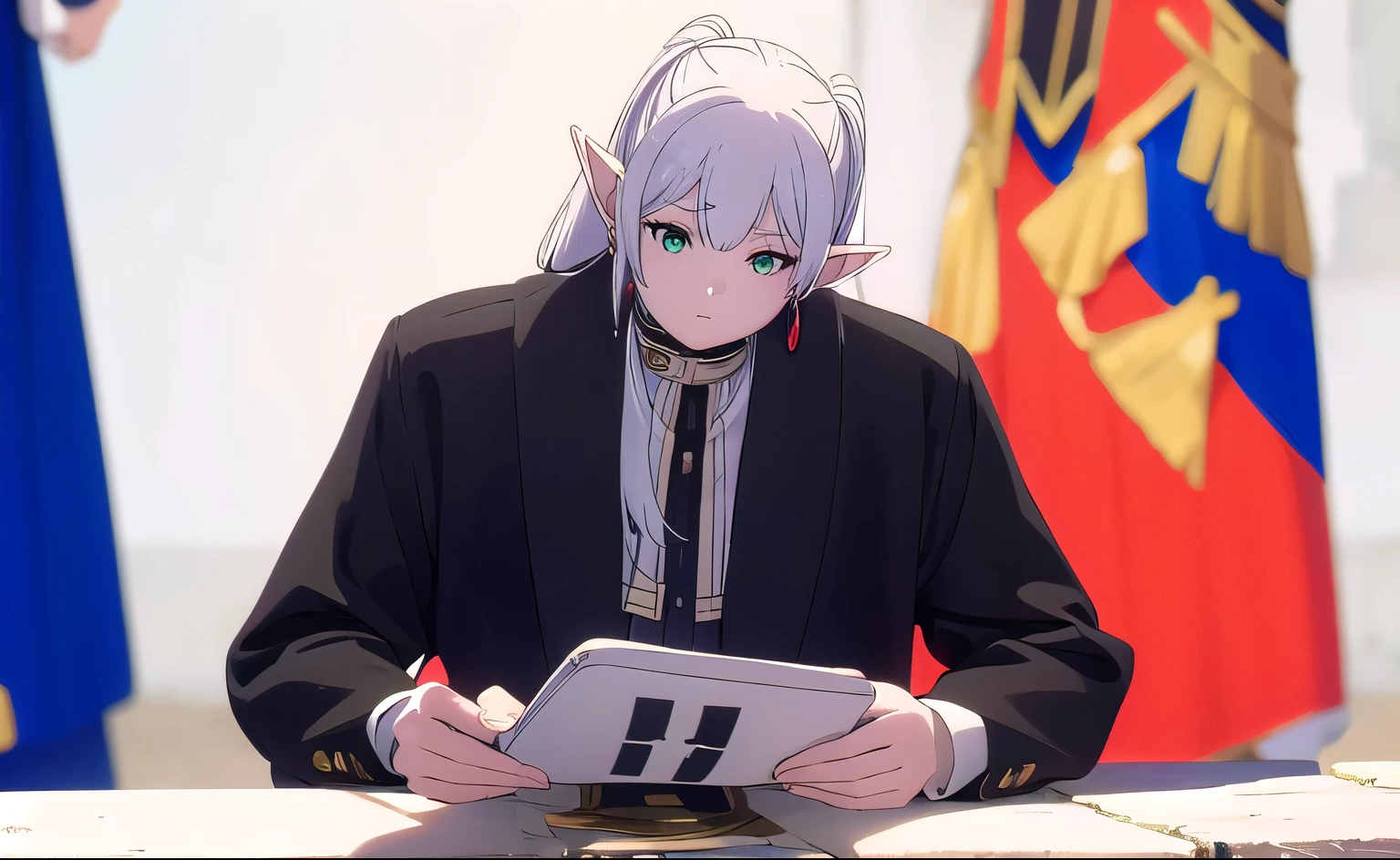 1girl, Frieren, (masterpiece:1.3), (high resolution), (extremely detailed),perfect face, nice eyes and face, (best quality), (super detailed), detailed face and eyes, (solo), textured skin, absurdres, highres, wz_sousou_no_frieren_style, wz_sousou_no_frieren_style, twintails, very long hair, silver hair, pointy ears, elf, white capelet, green eyes, black pantyhose, earrings, white skirt, belt, white sleeves, pov, selfie, butterfly, grass, stone street