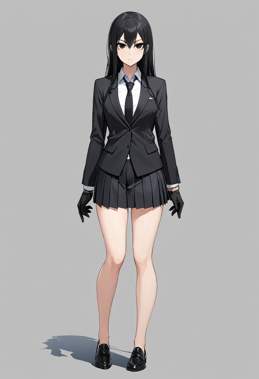 Black miniskirt ,shoes, dress shirt , pleated skirt , black long tie , assassin , whole body ,business attire , Black gloves , shorts blazer , bare legs , black hair , black eyes , straight hair , thighs , whole body , standing posture , face