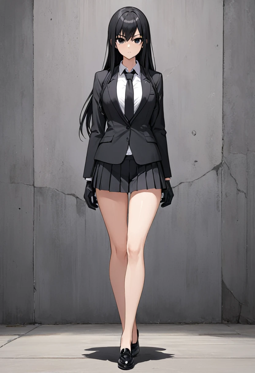 Black miniskirt ,shoes, dress shirt , pleated skirt , black long tie , assassin , whole body ,business attire , Black gloves , shorts blazer , bare legs , black hair , black eyes , straight hair , thighs , whole body , standing posture , face