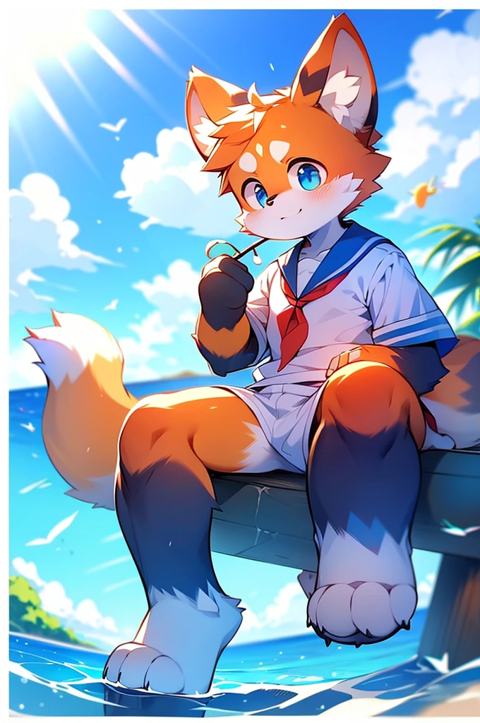 Male Red Panda, Ocean, Appeared wearing a sailor uniform! One in heat, Sitting,fly in the sky,Blue light with two legs,