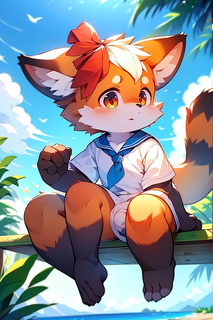 Male Red Panda, Ocean, Appeared wearing a sailor uniform! One in heat, Sitting,fly in the sky,Blue light with two legs,