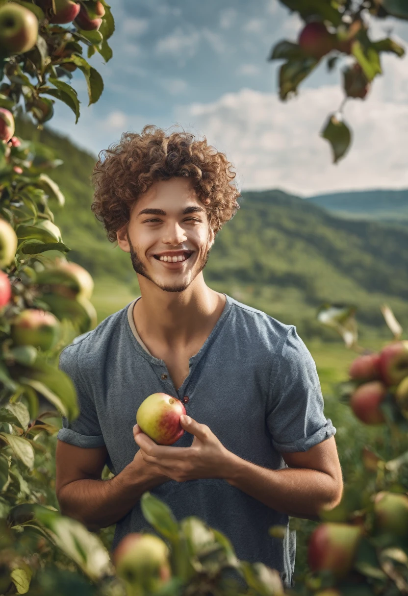 Peaceful portrait of a young man eating an apple, curly hair. Beautiful scenery, great details,  8k, perfect anatomy