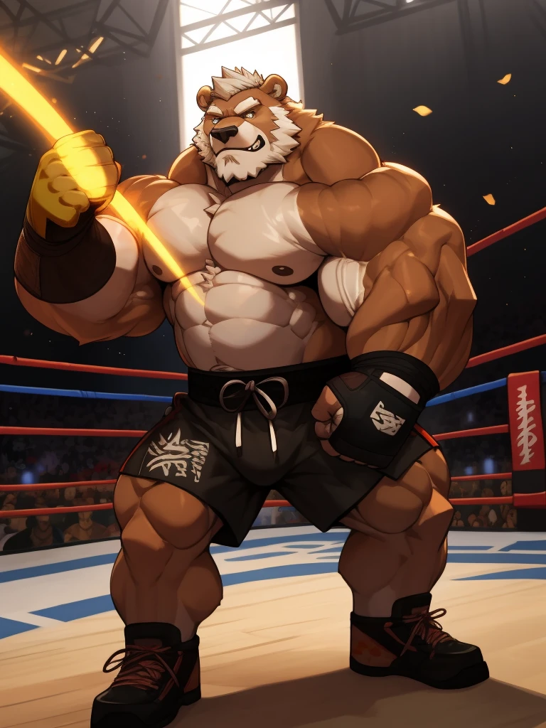 solo, 1boy, Huge Muscular Old Grizzly Bear wearing kickboxing MMA belt , thick pectoral, thick arms, huge pectoral, wide pectoral, hige brown fur, short white hair, Kickboxing MMA shorts, kickboxing MMA gloves, Kickboxing MMA Footwear and shirtless, bearded, Kickboxing Martial Arts Cage Tournament background, masterpiece, semirealistic:1.2, high detailed, 8k, high resolution,  kicking and punching