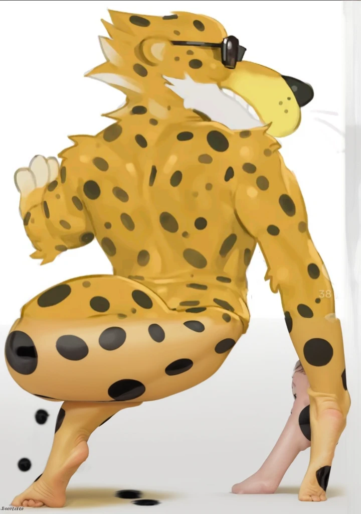 Bunda de furry, hairless, yellow, black dots, pernas amarelas com black dots