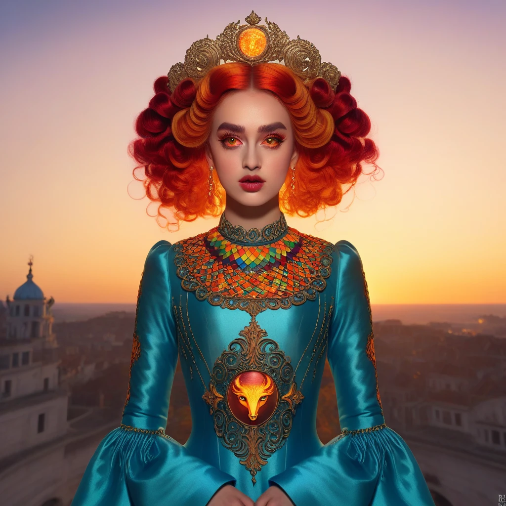 score_9, score_8_up, score_7_up, BREAK(absurdres, highres, ultra detailed), 1girl, zodiac sign - Aries goddess , solo, mature, Baroque, long dress, long sleeve, elegant, colorful, highest detailed, upper body , sunset hair . Fire eyes . Brave, willful, productive, enterprising humanitarian face .