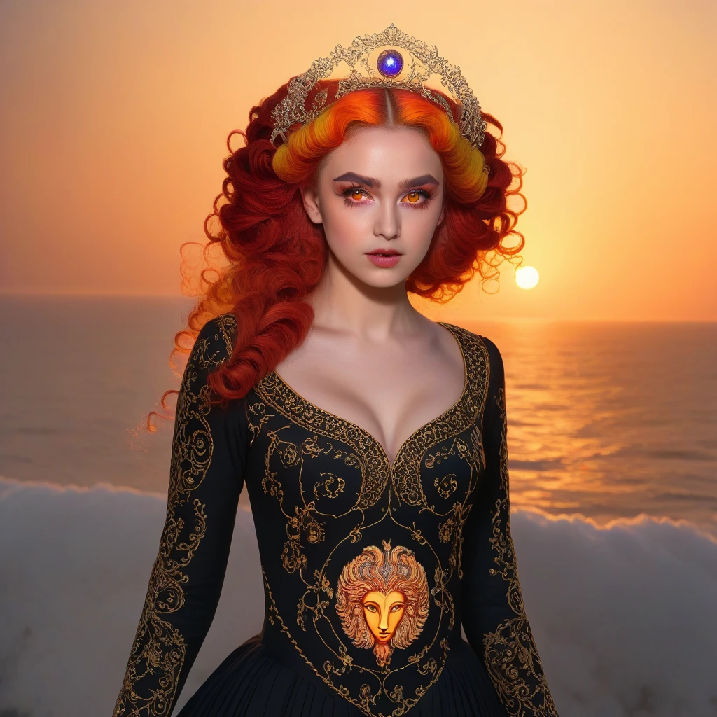 score_9, score_8_up, score_7_up, BREAK(absurdres, highres, ultra detailed), 1girl, zodiac sign - Aries goddess , solo, mature, Baroque, long dress, long sleeve, elegant, colorful, highest detailed, upper body , sunset hair . Fire eyes . Brave, willful, productive, enterprising humanitarian face .