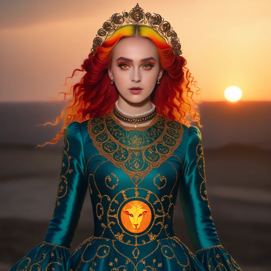 score_9, score_8_up, score_7_up, BREAK(absurdres, highres, ultra detailed), 1girl, zodiac sign - Aries goddess , solo, mature, Baroque, long dress, long sleeve, elegant, colorful, highest detailed, upper body , sunset hair . Fire eyes . Brave, willful, productive, enterprising humanitarian face .