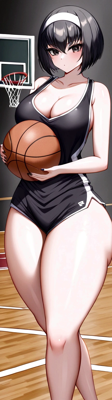 Goth girl, short hair, hairband, black eyes, beautiful, gorgeous woman, perfect body, scoreland, perfect breasts, (((thick thighs))), wearing a basketball jersey, on the basketball court, holding a basketball