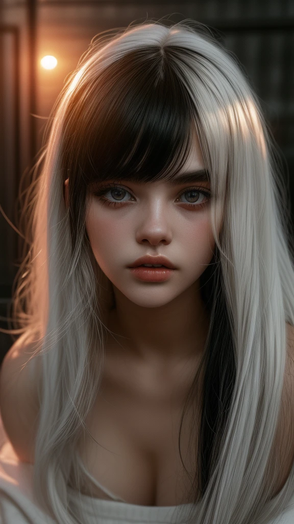 Woman with black hair, gray eyes, white skin, lying surrounded, grunge style, Bangs, small eyes, pretty girl, 8k, white wigs,Sunset, 2000s, full body toned, nsfw 
