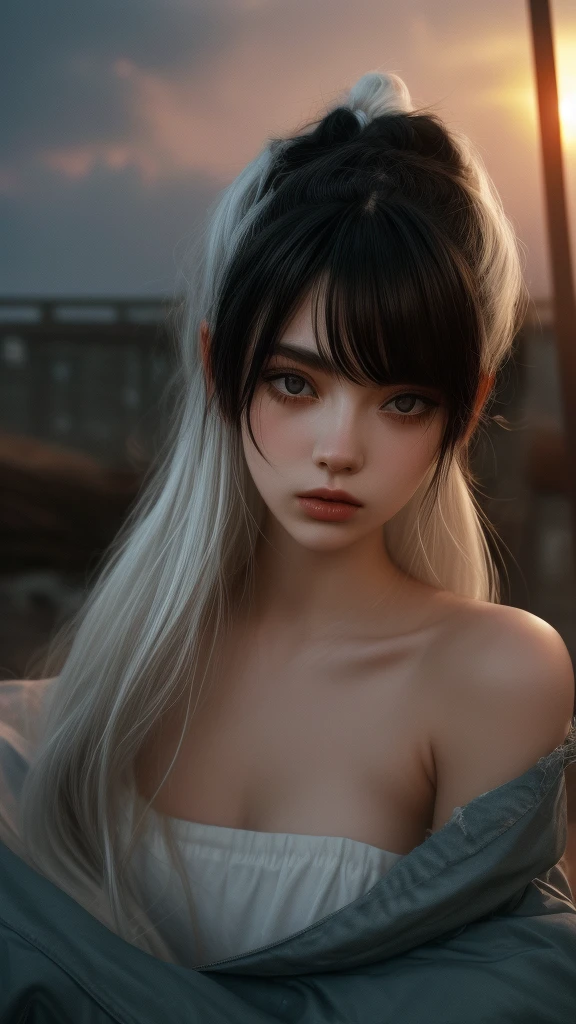 Woman with black hair, gray eyes, white skin, lying surrounded, grunge style, Bangs, small eyes, pretty girl, 8k, white wigs,Sunset, 2000s, full body toned, nsfw