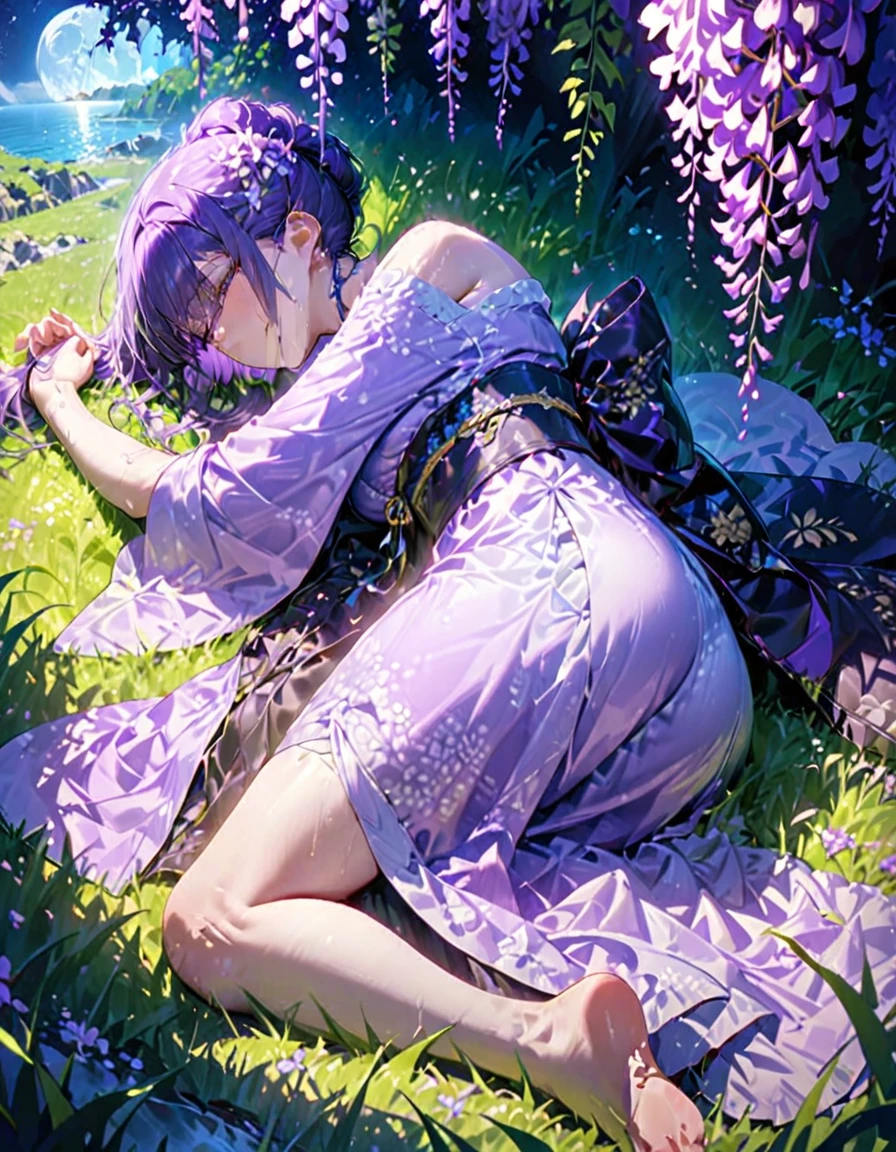 朧月、Woman in purple kimono、Look down、Wisteria flower、Green Grass、night、moonlight、(((masterpiece))), (Highest quality), (Super detailed), (very_expensive_solve), (big_file size), (Full Color)