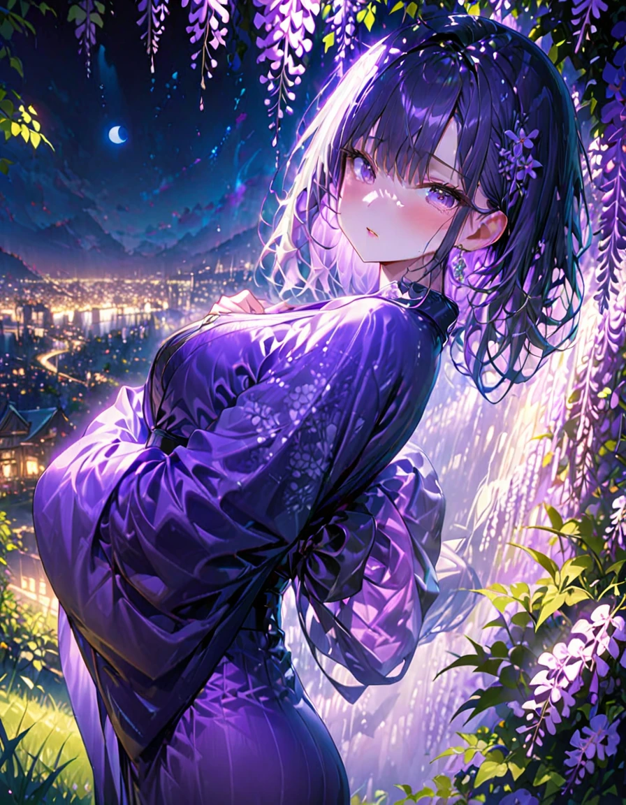 朧月、Woman in purple kimono、Look down、Wisteria flower、Green Grass、night、moonlight、(((masterpiece))), (Highest quality), (Super detailed), (very_expensive_solve), (big_file size), (Full Color)