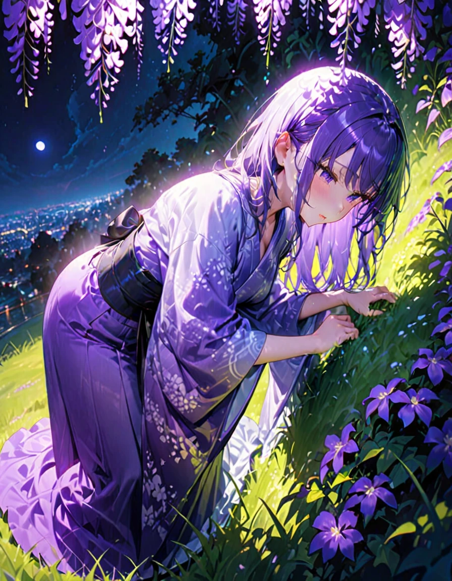 朧月、Woman in purple kimono、Look down、Wisteria flower、Green Grass、night、moonlight、(((masterpiece))), (Highest quality), (Super detailed), (very_expensive_solve), (big_file size), (Full Color)