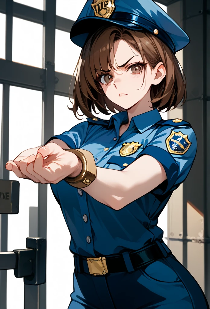 masterpiece, best quality, mature woman, mature face, bob hairstyle, brunette hair, mature face, hot face, sharp eyes, medium breasts, curvy body, hazel eyes, police outfit, looking at viewer, tough appearance, prison cell, jail cell, (looking serious), pissed off face, glaring eyes, angry expression, (cuffed hands, restrained hands, hands behind) 