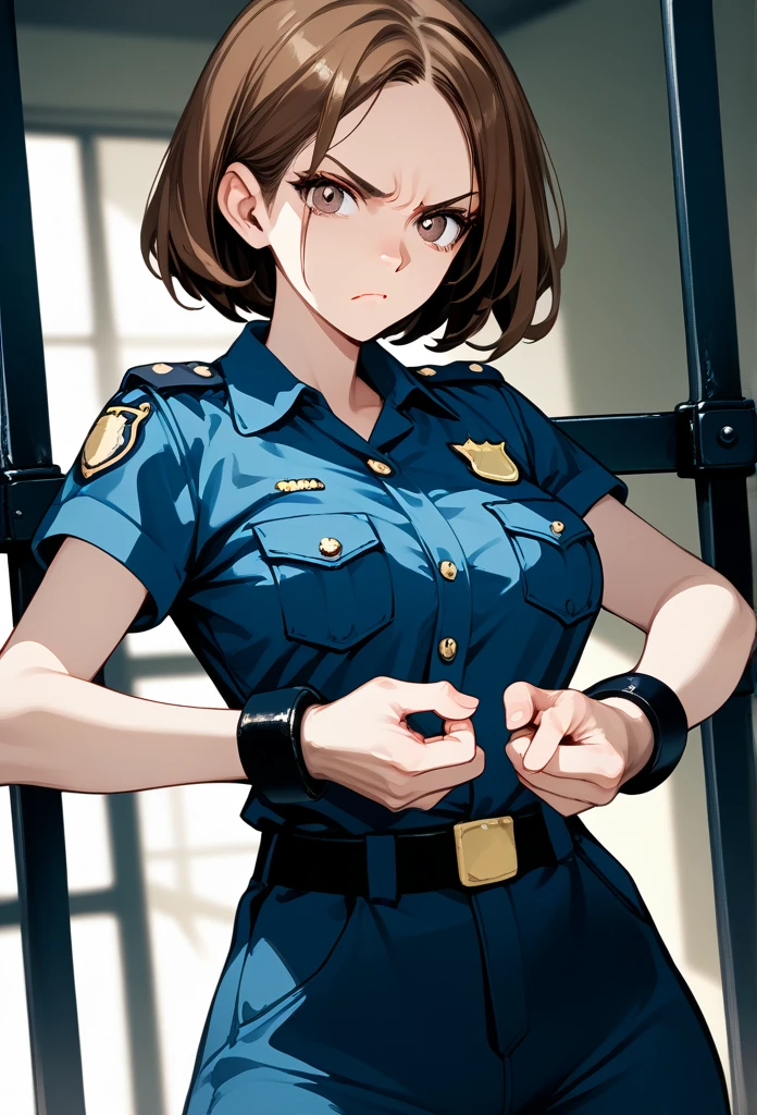 masterpiece, best quality, mature woman, mature face, bob hairstyle, brunette hair, mature face, hot face, sharp eyes, medium breasts, curvy body, hazel eyes, police outfit, looking at viewer, tough appearance, prison cell, jail cell, (looking serious), pissed off face, glaring eyes, angry expression, (cuffed hands, restrained hands, hands behind) 