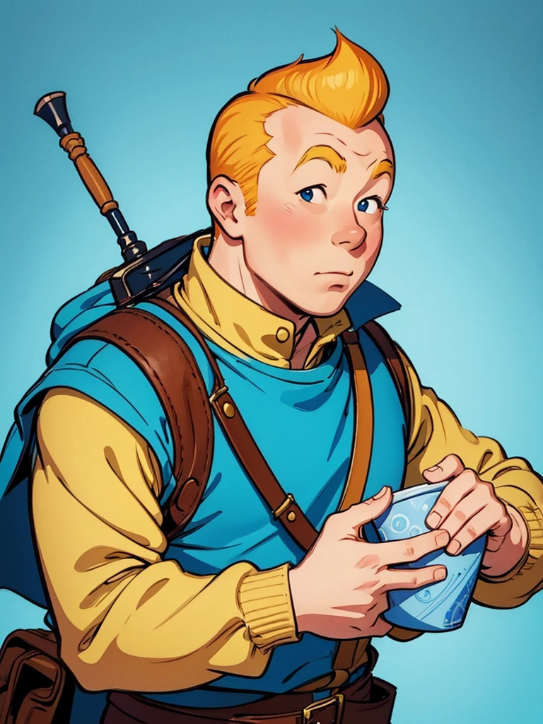 Portrait of Tintin, but this is a fantasy style. One person.