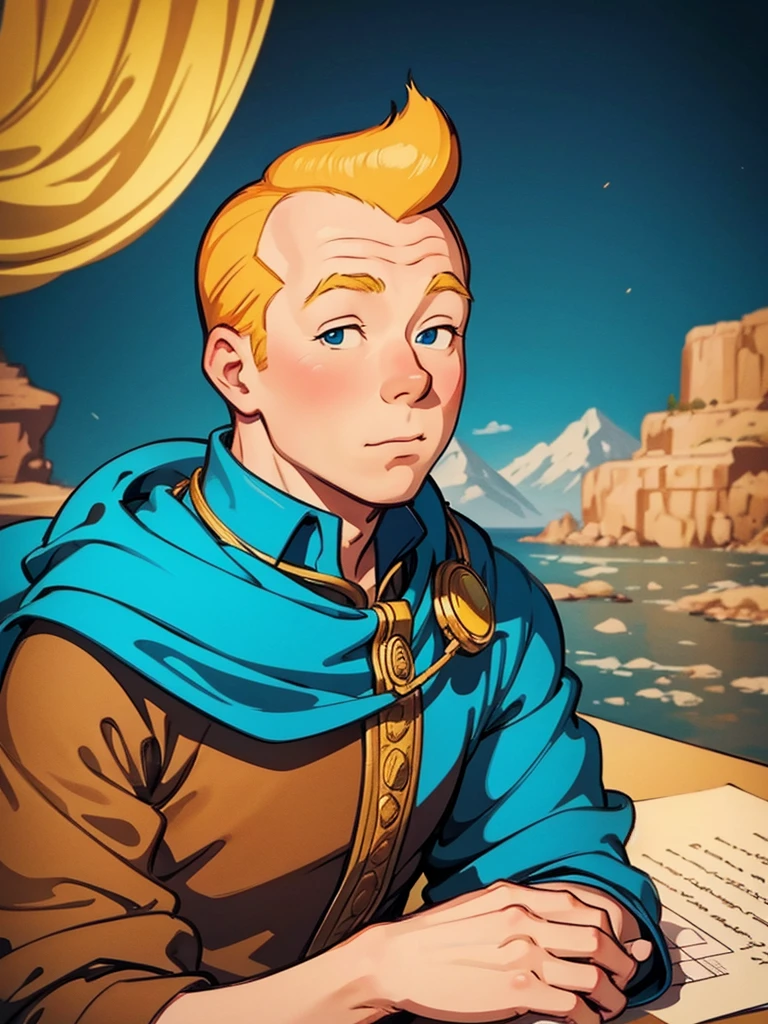 Portrait of Tintin, but this is a fantasy style. One person.