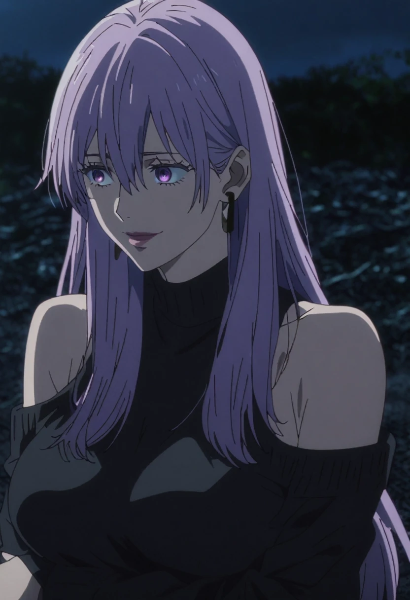 1girl, female gojo satoru, anime screencap from jujutsu kaisen, gojo satoru female version, solo, long_hair, purple eyes (purple_hair)), night view, (hanging breasts) upper_body, smile, purple_eyes, lips, ((wearing black colour sweater, bare shoulder)) breast, "very detailed and high resolution" (purple eyes) ((cross arms)) ((long waby hair, hair between eyes)) ((solo)) (front view) (earings) ((high resolution)) ((good quality))